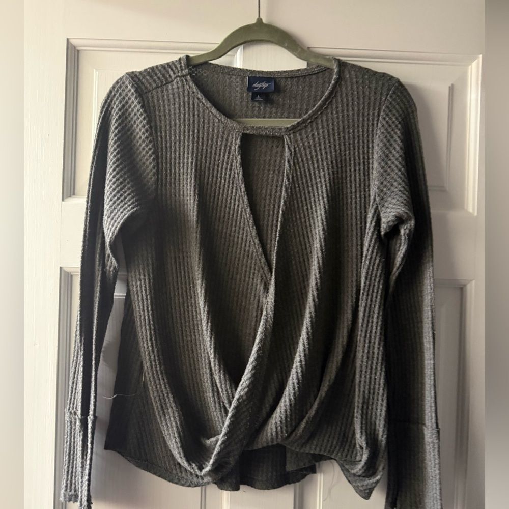 Daytrip Surplice Top Long Sleeve Waffle Knit Top in Charcoal Gray